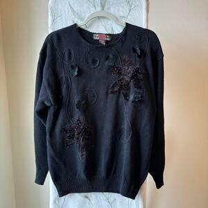 Vintage 80s Black Floral Velvet Sequin Knit Sweater